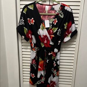 Floral Black Romper with Red and White Hibiscus